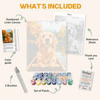What's included in the Golden Retriever's Lake Adventure paint by numbers kit: numbered linen canvas, reference sheet, color guide, 24 acrylic paints, 3 brushes and thank you card