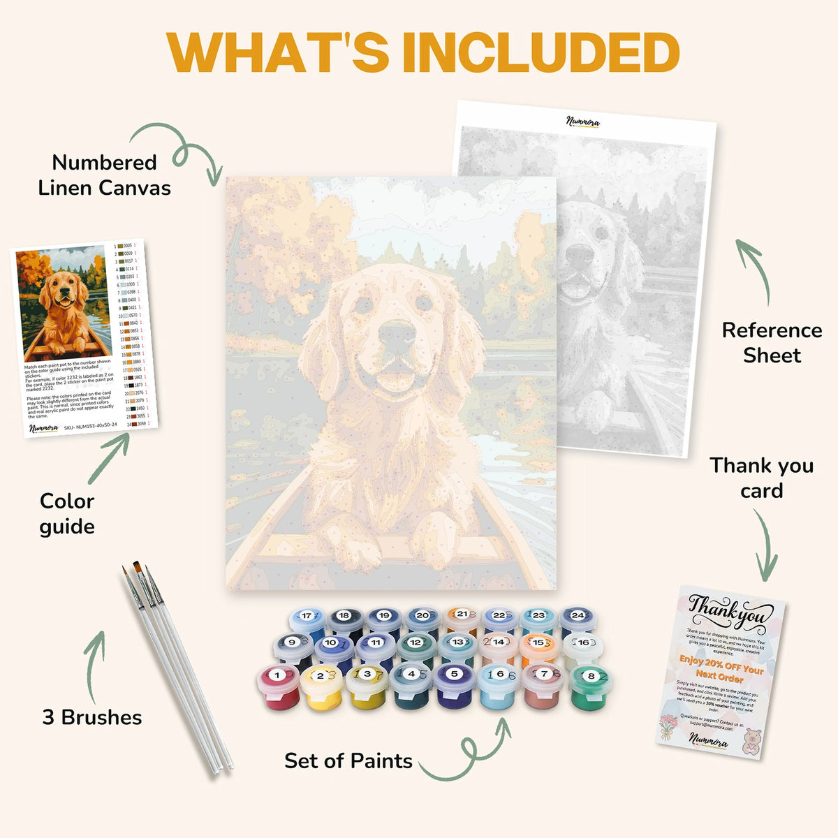 What's included in the Golden Retriever's Lake Adventure paint by numbers kit: numbered linen canvas, reference sheet, color guide, 24 acrylic paints, 3 brushes and thank you card