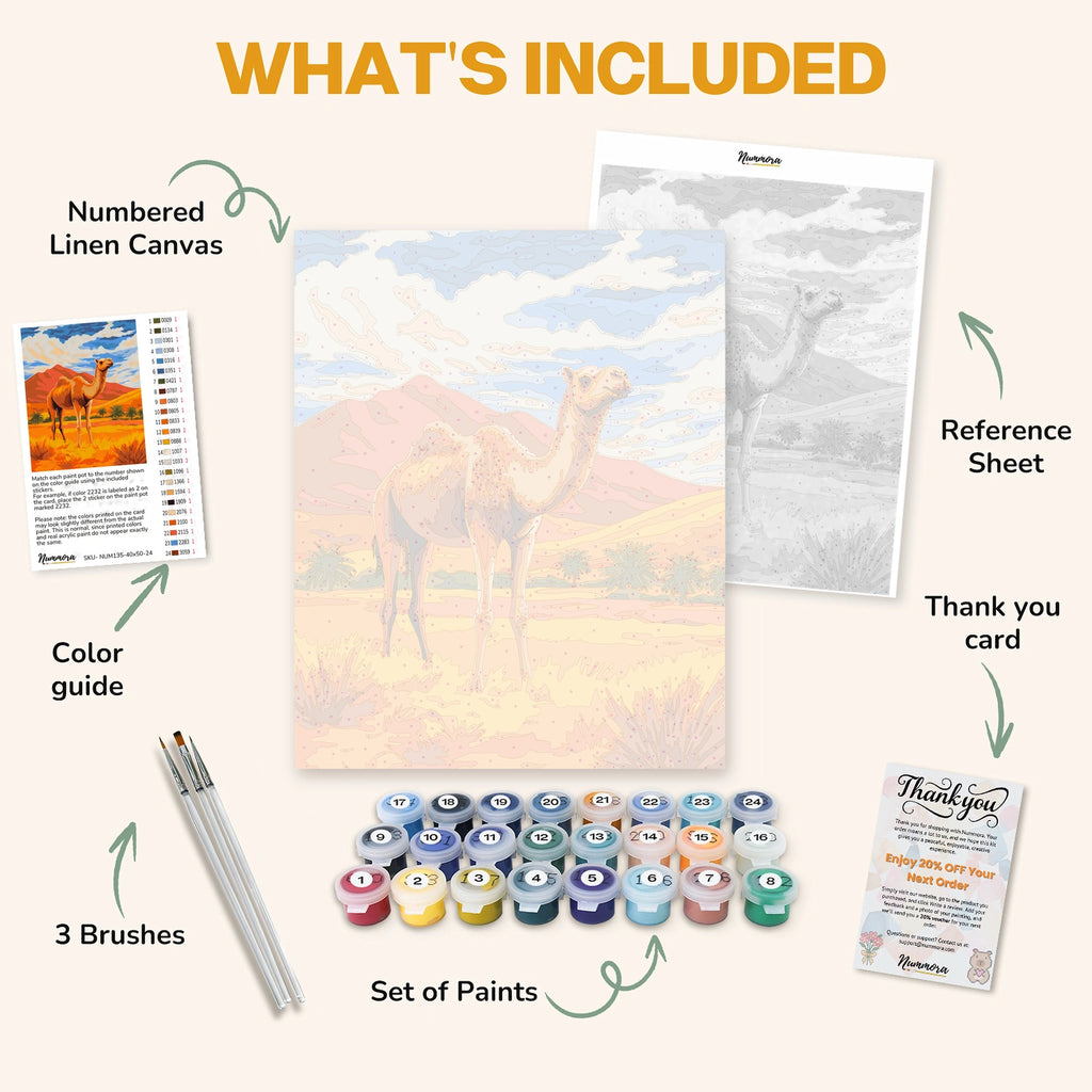 What's included in the Golden Sands and Camel paint by numbers kit: numbered linen canvas, reference sheet, color guide, 24 acrylic paints, 3 brushes and thank you card