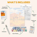 What's included in the Golden Sands and Camel paint by numbers kit: numbered linen canvas, reference sheet, color guide, 24 acrylic paints, 3 brushes and thank you card