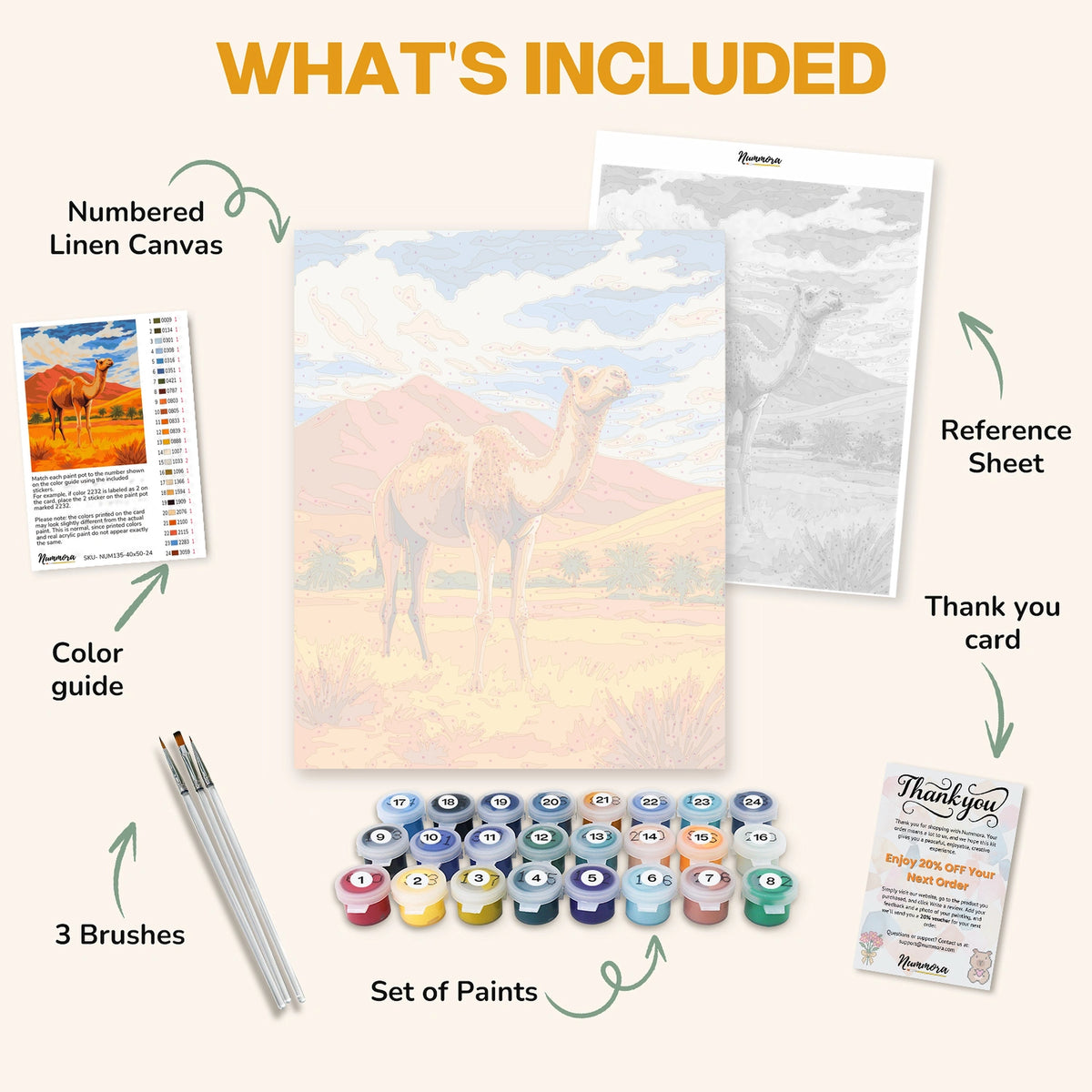 What's included in the Golden Sands and Camel paint by numbers kit: numbered linen canvas, reference sheet, color guide, 24 acrylic paints, 3 brushes and thank you card