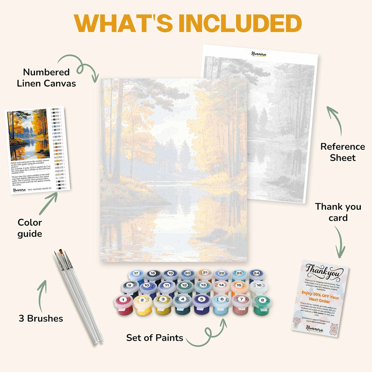 What's included in the Golden Woods paint by numbers kit: numbered linen canvas, reference sheet, color guide, 24 acrylic paints, 3 brushes and thank you card
