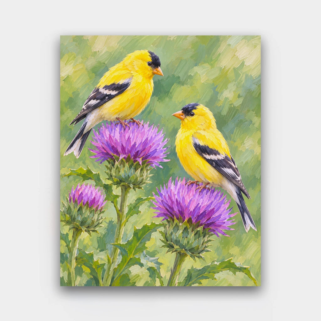 Goldfinches on Thistle paint by numbers kit of two yellow goldfinches perched on purple thistle heads