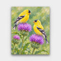 Goldfinches on Thistle paint by numbers kit of two yellow goldfinches perched on purple thistle heads