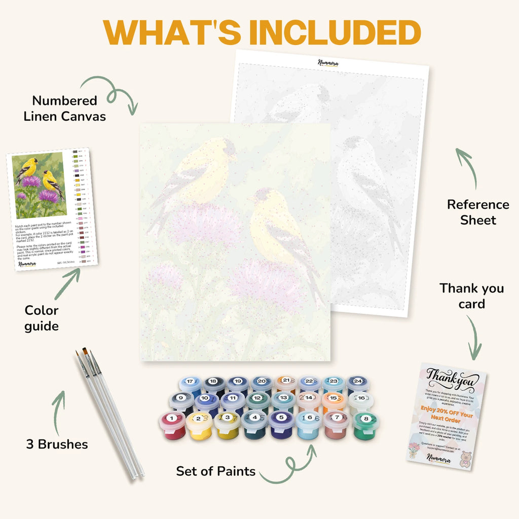 What's included in the Goldfinches on Thistle paint by numbers kit: numbered linen canvas, reference sheet, color guide, 24 acrylic paints, 3 brushes and thank you card