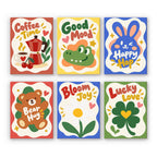 Good Mood Club mini paint by numbers set: six sticker-style designs with Coffee Time, Good Mood, Happy Hop, Bear Hug, Bloom Joy and Lucky Love