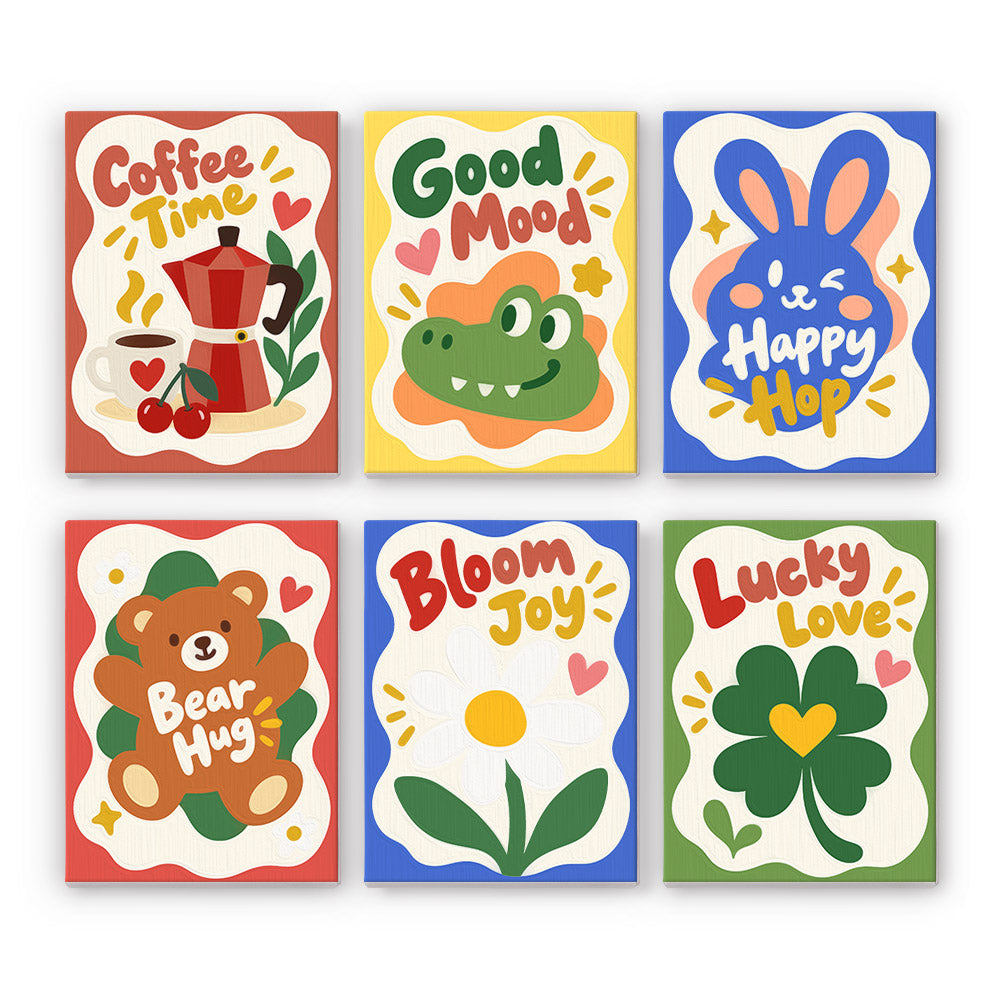 Good Mood Club mini paint by numbers set: six sticker-style designs with Coffee Time, Good Mood, Happy Hop, Bear Hug, Bloom Joy and Lucky Love