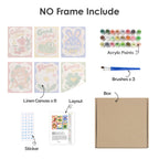 What's included without a frame: six rolled Good Mood Club mini canvases, acrylic paints, three brushes and layout