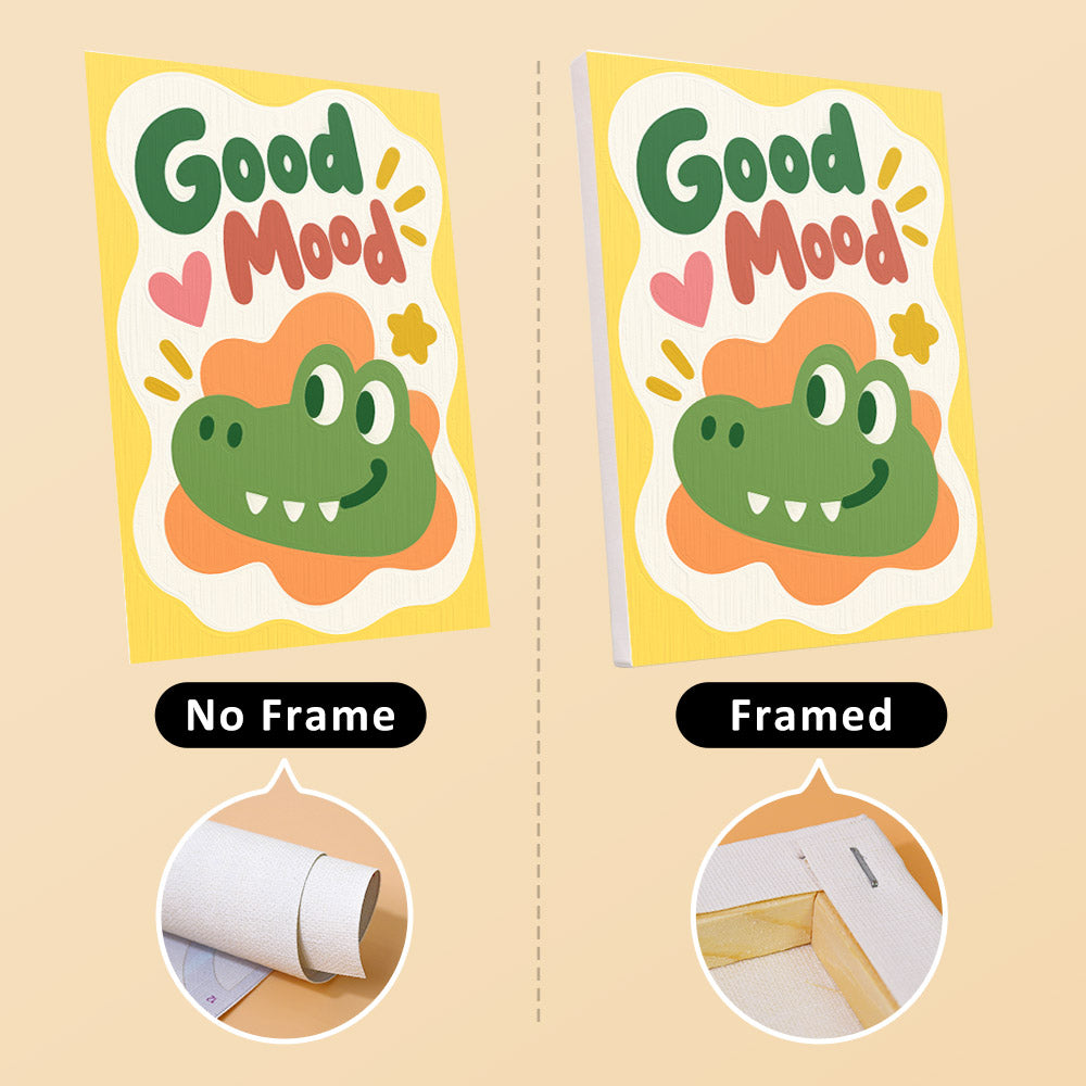 Good Mood Club mini canvas shown rolled without a frame and pre-stretched on a frame