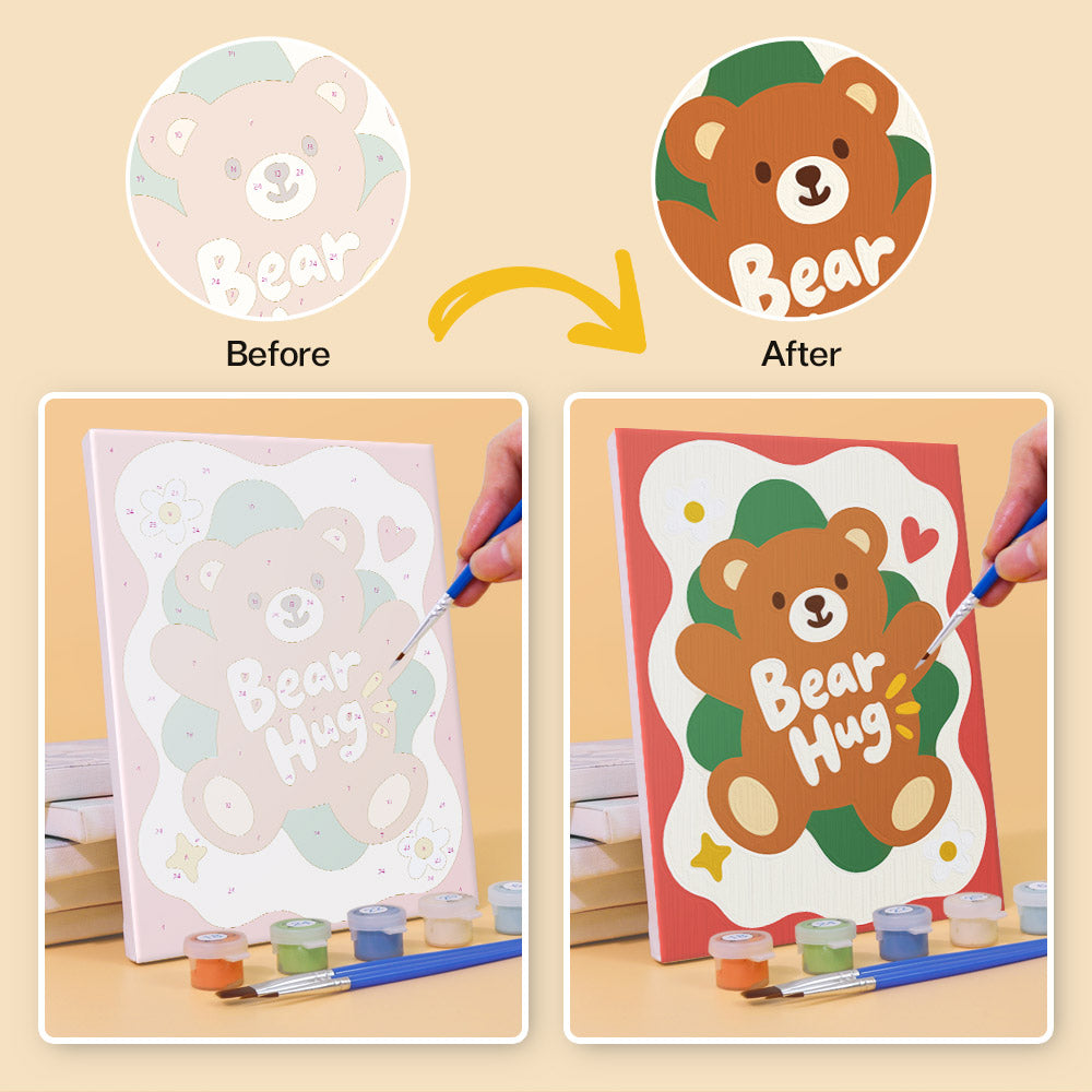 Before and after of a Good Mood Club mini paint by numbers canvas