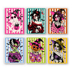 Gothic Glam Girls mini paint by numbers set: six glamorous Halloween characters on candy-striped borders, including a ghost, goth girl, witch, monster bride, pumpkin girl and mummy