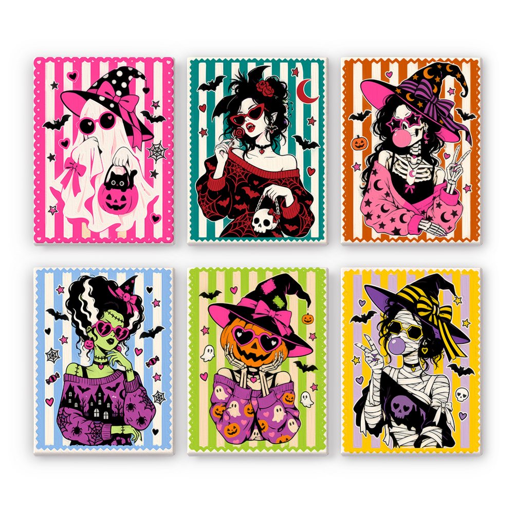 Gothic Glam Girls mini paint by numbers set: six glamorous Halloween characters on candy-striped borders, including a ghost, goth girl, witch, monster bride, pumpkin girl and mummy