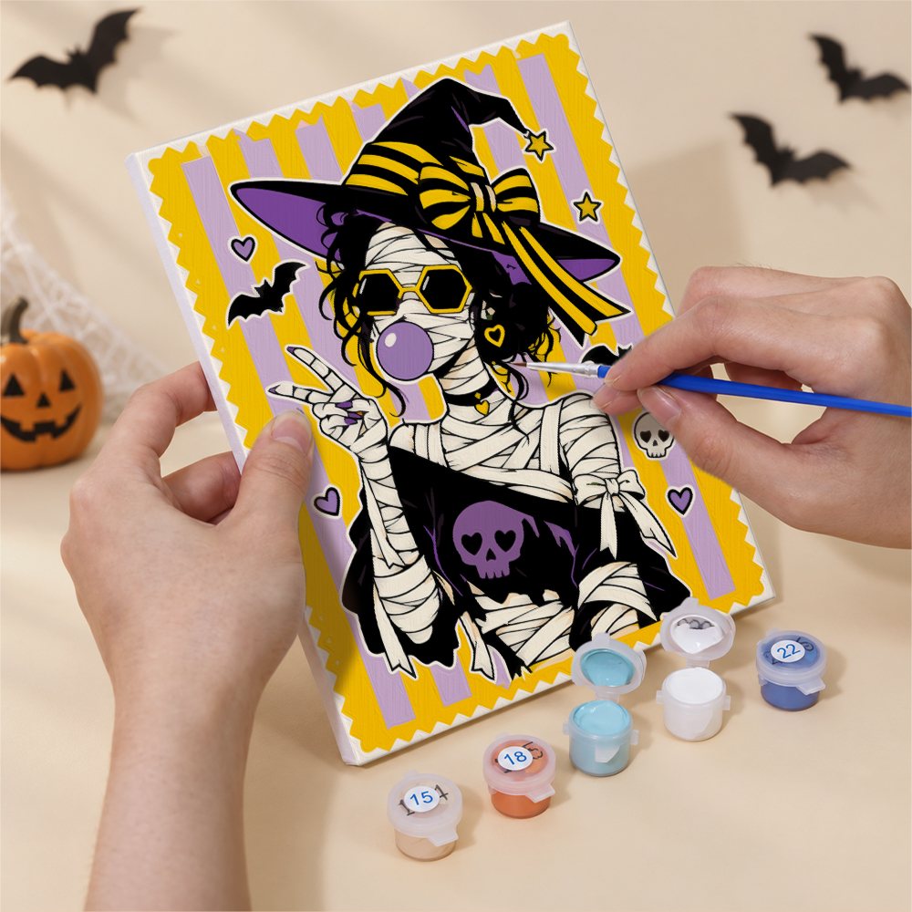 Numbered paint pots and brushes on a pre-stretched Gothic Glam Girls mini canvas
