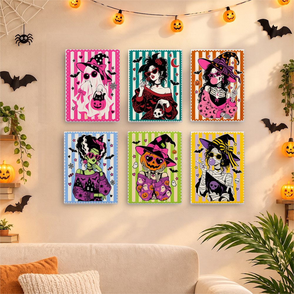 Before and after of a Gothic Glam Girls mini paint by numbers canvas