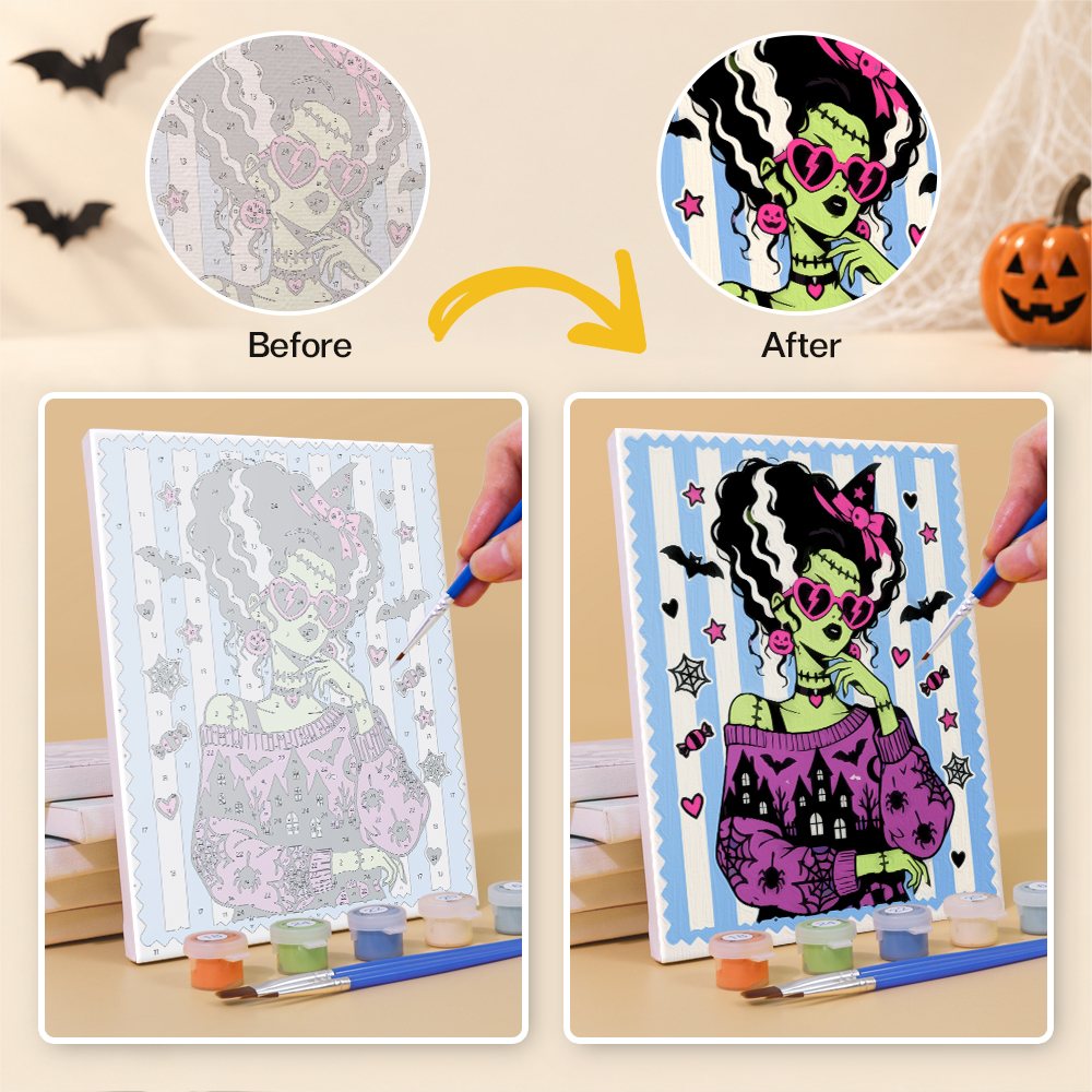 What's included without a frame: six rolled Gothic Glam Girls mini canvases, acrylic paints, three brushes and layout