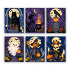 Gothic Graveyard Night mini paint by numbers set: six gothic Halloween scenes with a black cat, witch, crow on a tombstone, ghost, scarecrow witch and skull with roses