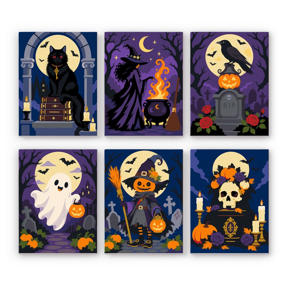 Gothic Graveyard Night mini paint by numbers set: six gothic Halloween scenes with a black cat, witch, crow on a tombstone, ghost, scarecrow witch and skull with roses