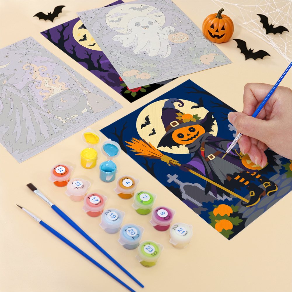 Filling in a Gothic Graveyard Night mini canvas with numbered acrylic paints and a fine brush