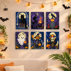 Six finished Gothic Graveyard Night mini paintings hung on a wall above a table