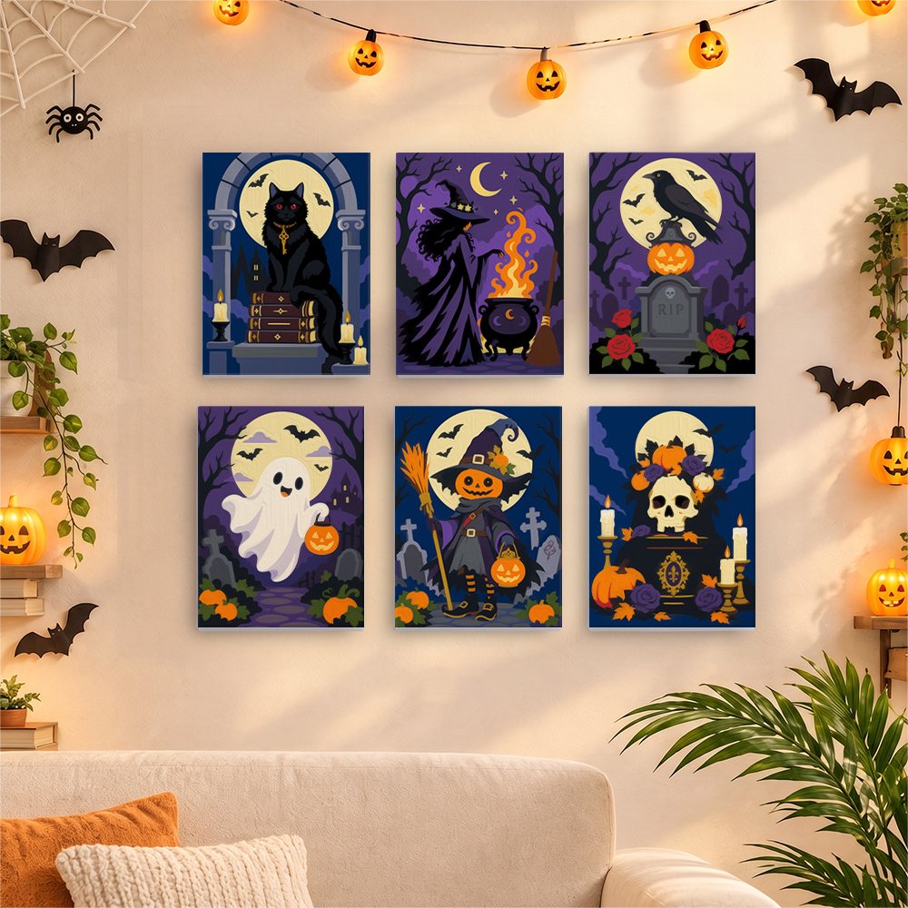 Six finished Gothic Graveyard Night mini paintings hung on a wall above a table