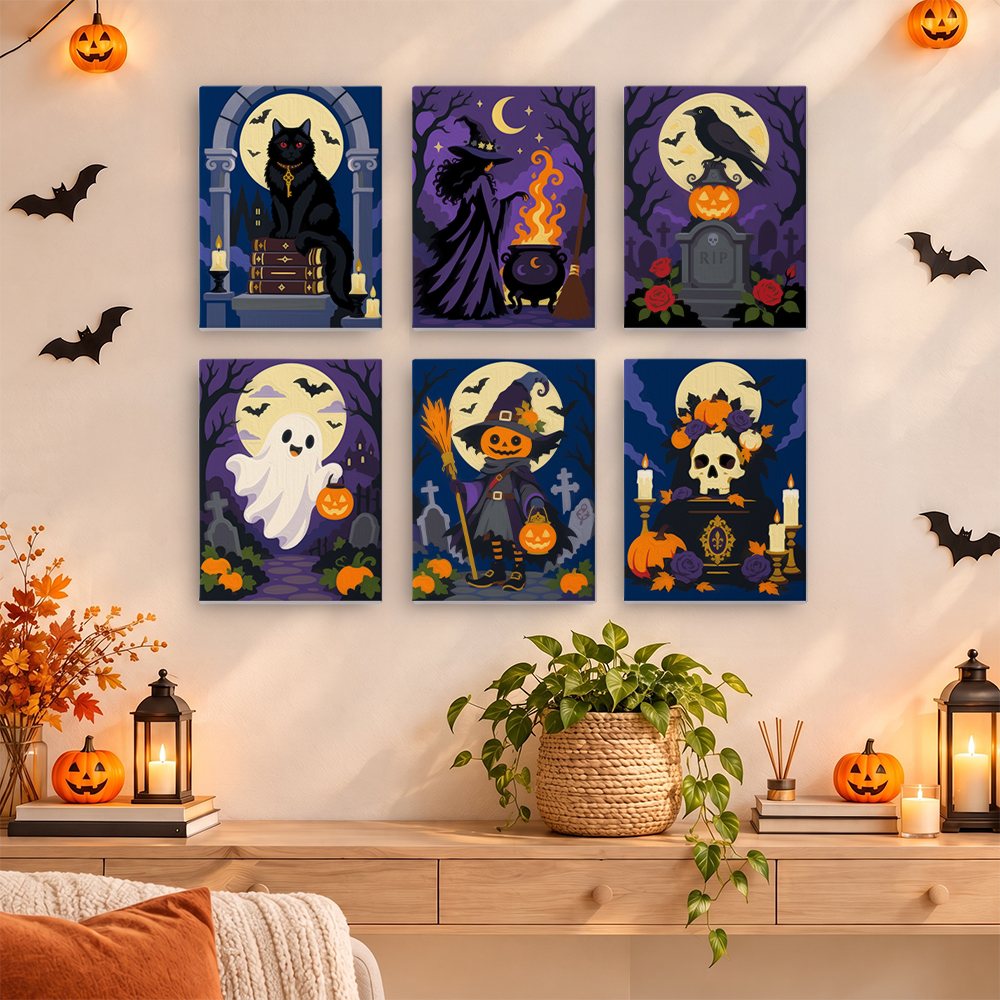 Gothic Graveyard Night mini paintings displayed as a gallery wall in a sunny kitchen