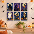 Gothic Graveyard Night mini paintings displayed as a gallery wall in a sunny kitchen