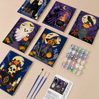 Gothic Graveyard Night mini paint by numbers kit with six numbered canvases, acrylic paints, brushes and layout