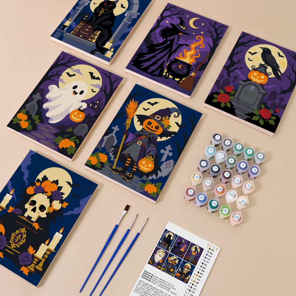 Gothic Graveyard Night mini paint by numbers kit with six numbered canvases, acrylic paints, brushes and layout