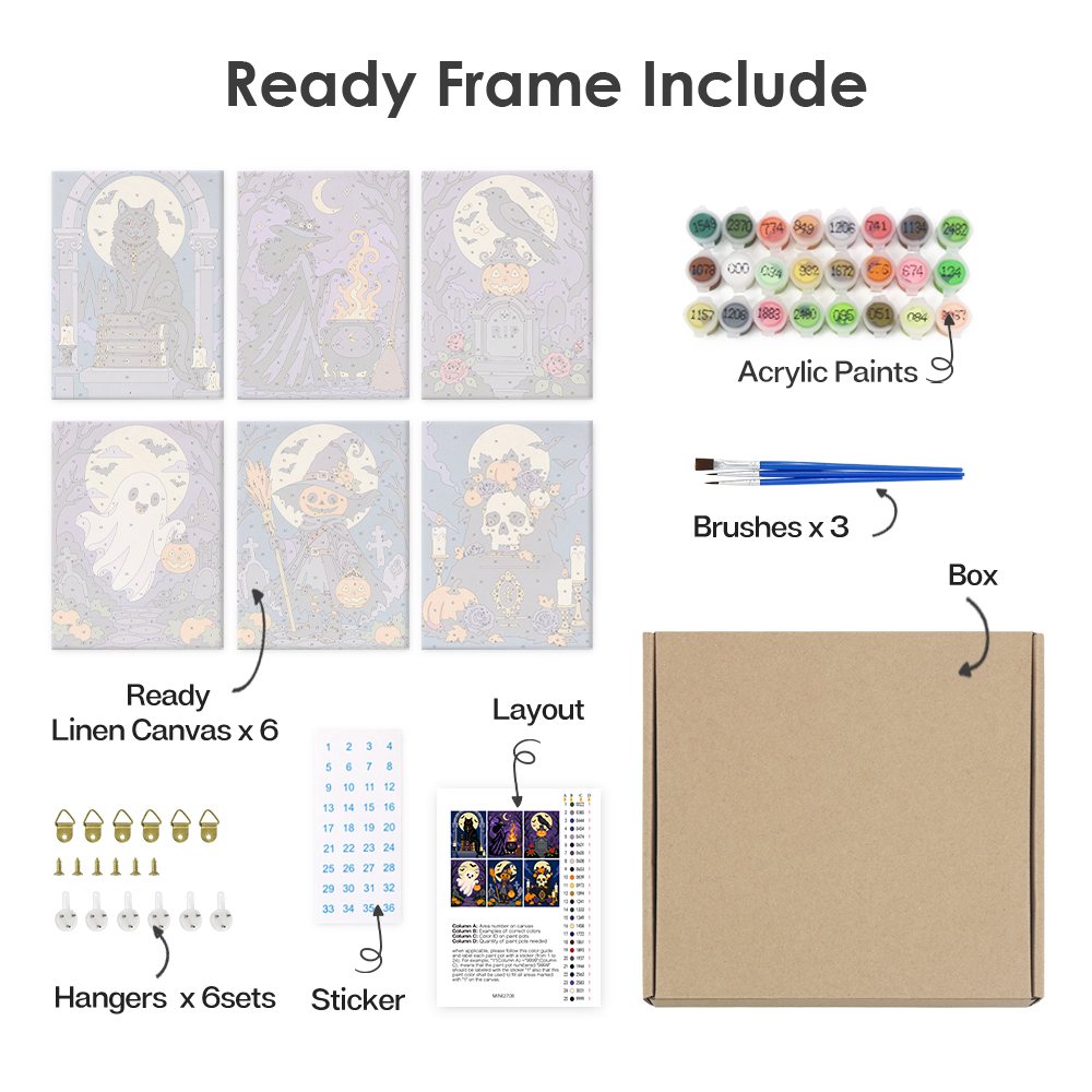 What's included pre-stretched on frame: six framed Gothic Graveyard Night mini canvases, paints, three brushes, hangers and layout