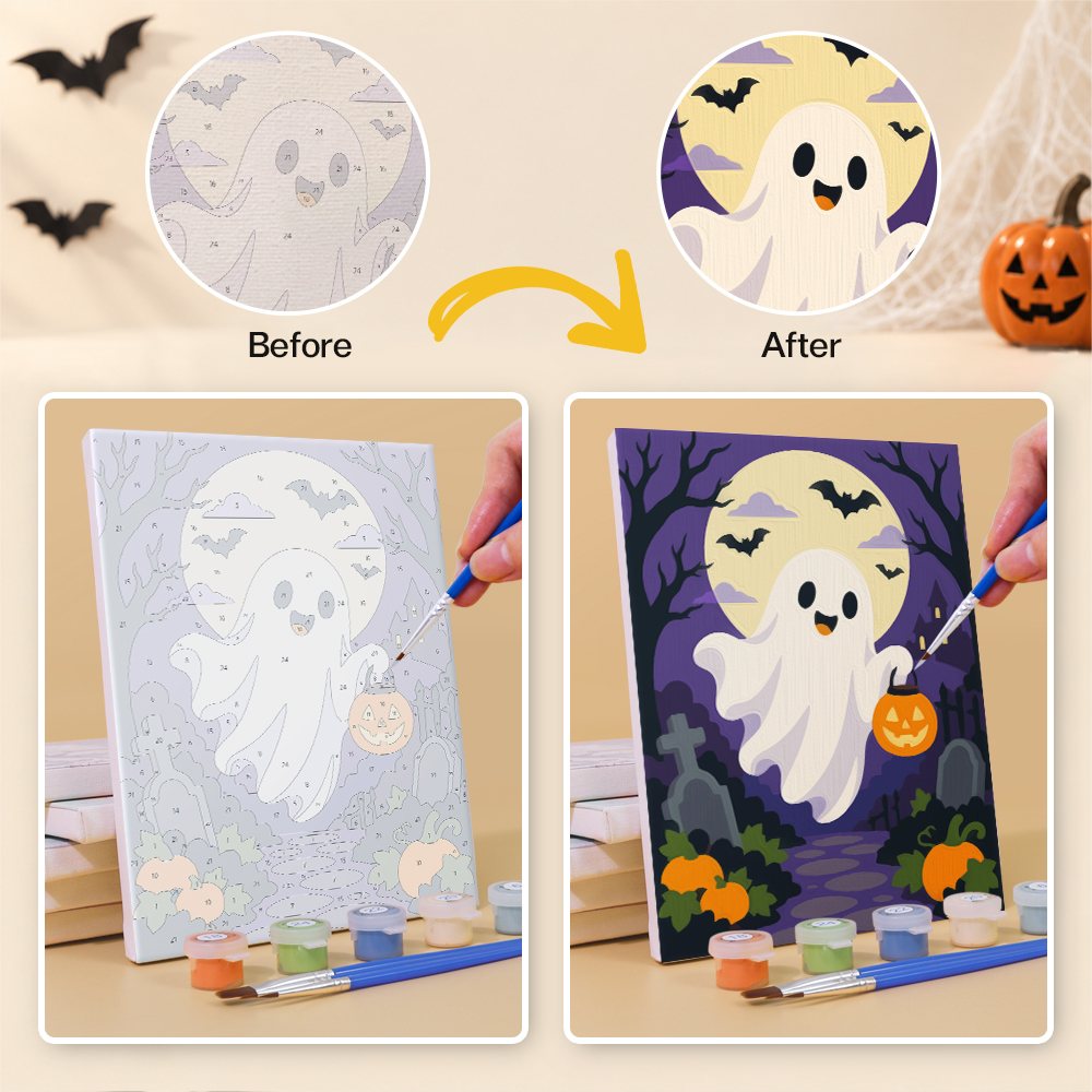 Before and after of a Gothic Graveyard Night mini paint by numbers canvas