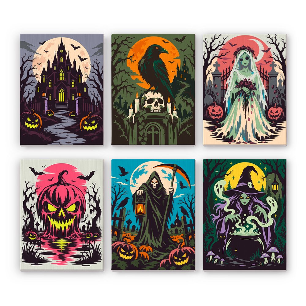 Gothic Nightmare Scenes mini paint by numbers set: six dark gothic Halloween scenes with a cathedral, crow, ghostly bride, sinister pumpkin, reaper and witch