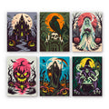 Gothic Nightmare Scenes mini paint by numbers set: six dark gothic Halloween scenes with a cathedral, crow, ghostly bride, sinister pumpkin, reaper and witch