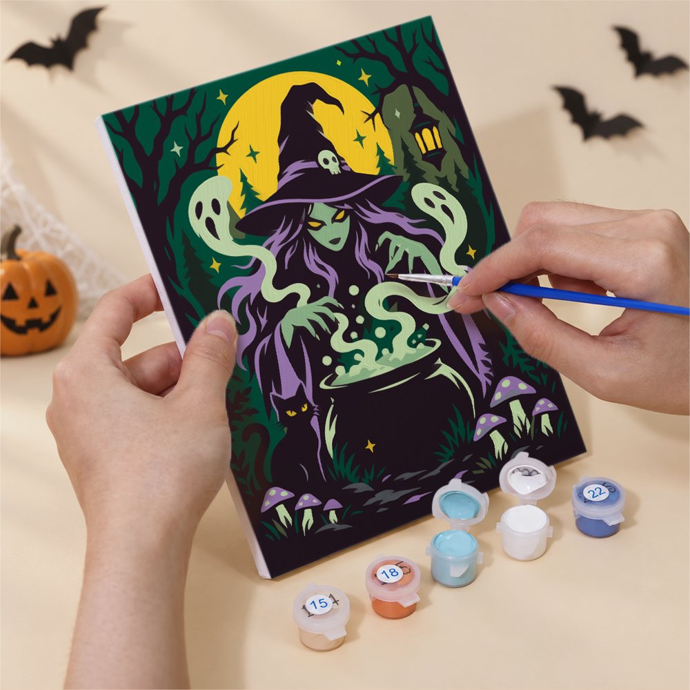 Numbered paint pots and brushes on a pre-stretched Gothic Nightmare Scenes mini canvas