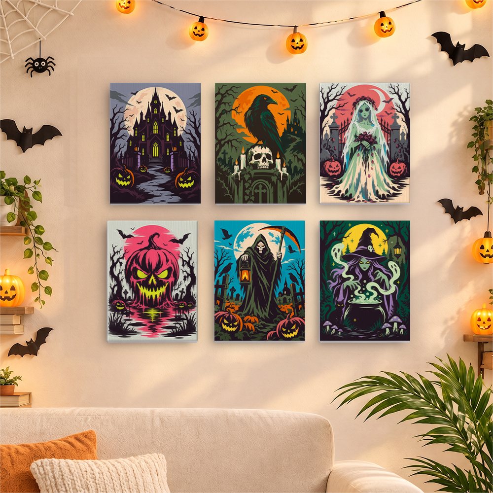 Before and after of a Gothic Nightmare Scenes mini paint by numbers canvas