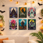 Before and after of a Gothic Nightmare Scenes mini paint by numbers canvas