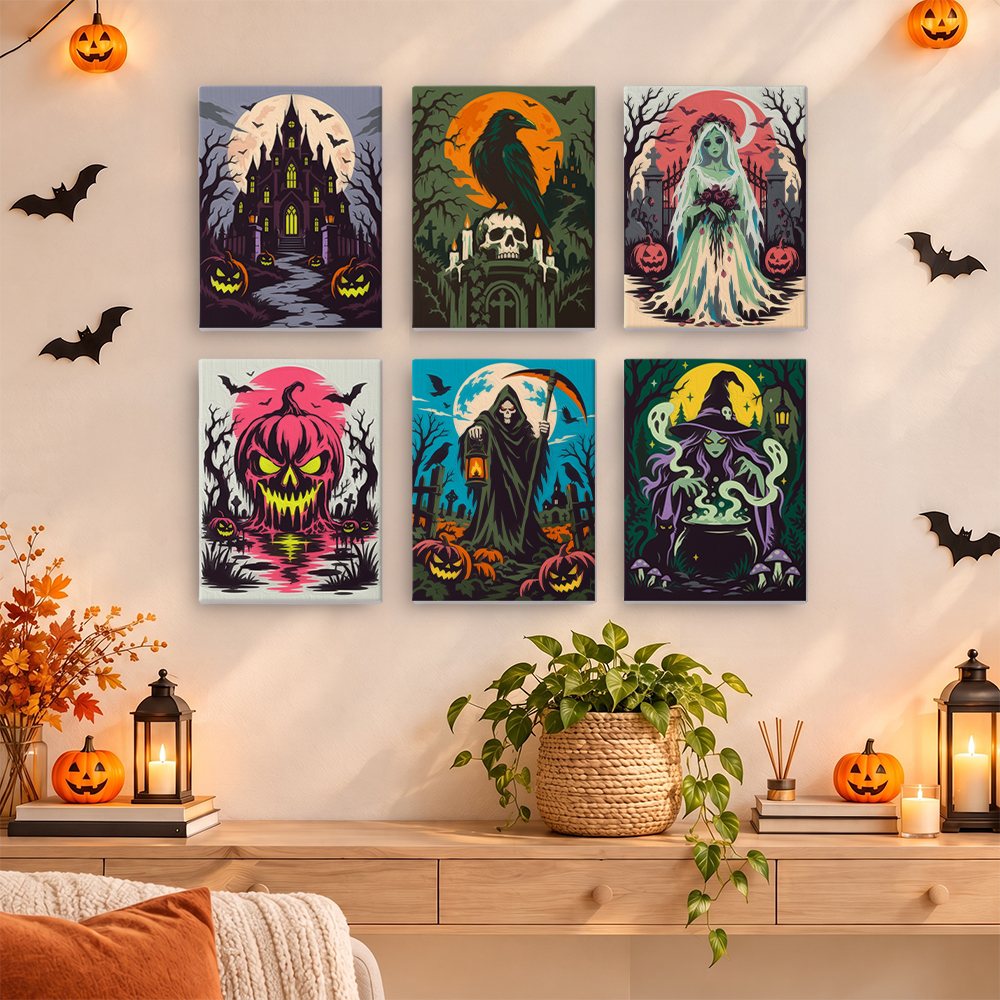 Painting a Gothic Nightmare Scenes mini canvas propped up beside numbered acrylic paints