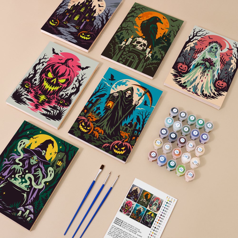 Painting one of the Gothic Nightmare Scenes designs next to a stack of mini canvases