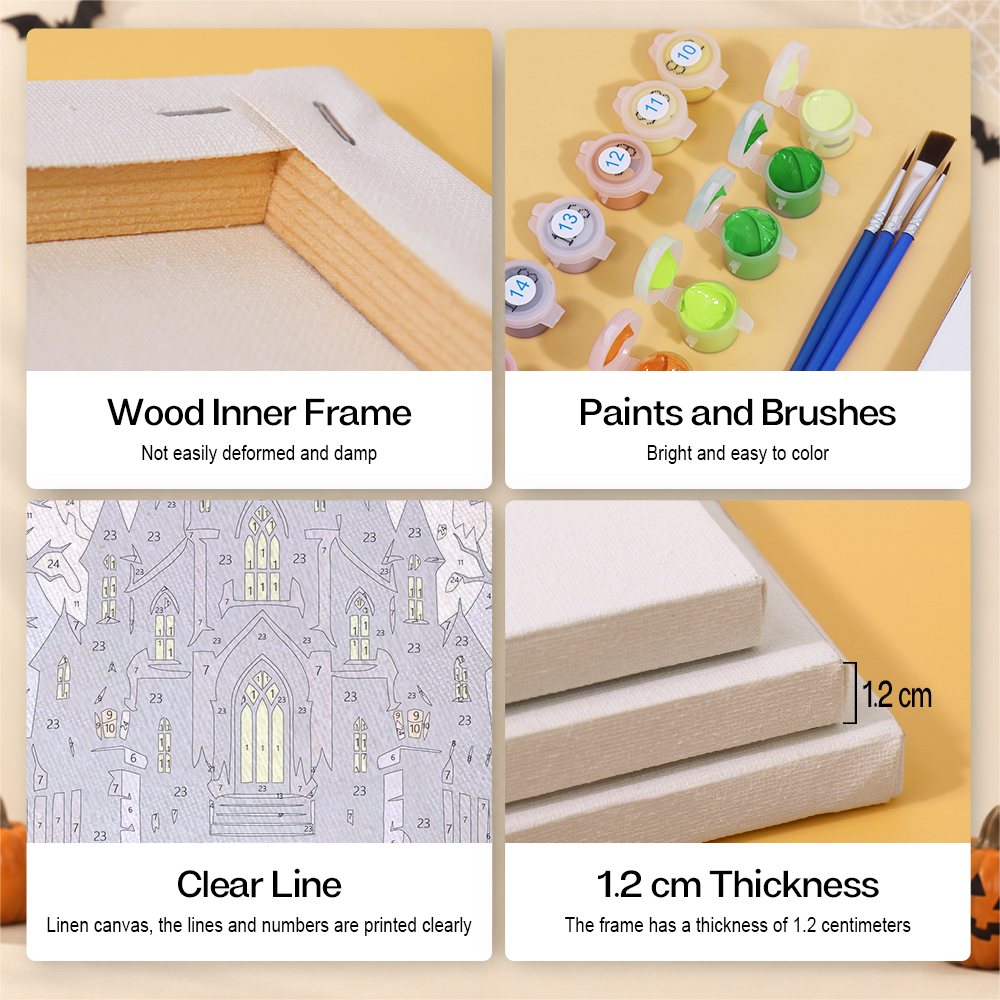 Gothic Nightmare Scenes mini paint by numbers kit with six numbered canvases, acrylic paints, brushes and layout