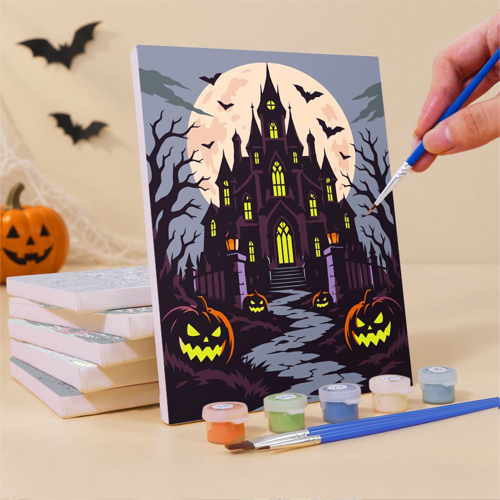 What's included pre-stretched on frame: six framed Gothic Nightmare Scenes mini canvases, paints, three brushes, hangers and layout