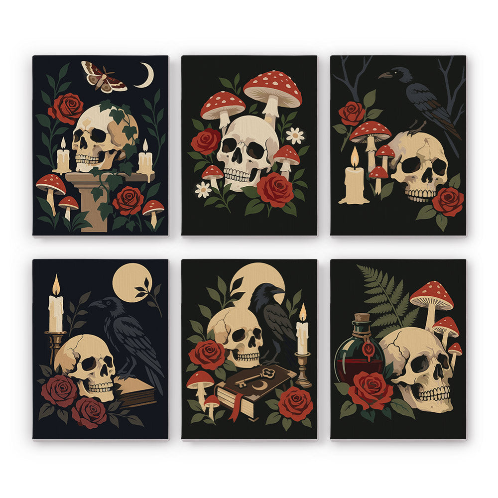 Gothic Still Life mini paint by numbers set: six dark designs of skulls with red roses, toadstools, ravens and candles