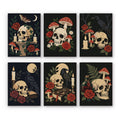 Gothic Still Life mini paint by numbers set: six dark designs of skulls with red roses, toadstools, ravens and candles