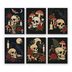 Gothic Still Life mini paint by numbers set: six dark designs of skulls with red roses, toadstools, ravens and candles