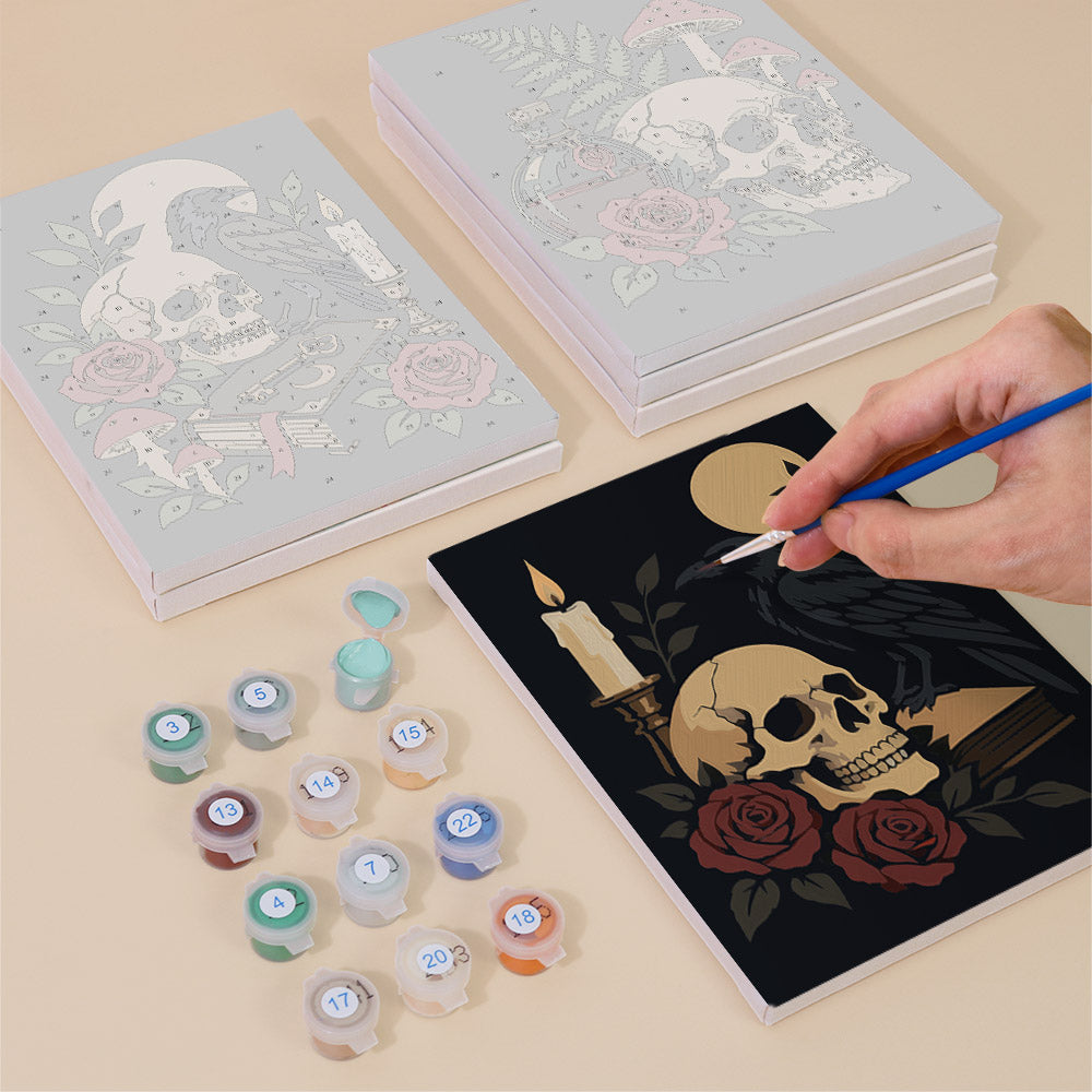 Painting one of the Gothic Still Life designs next to a stack of mini canvases