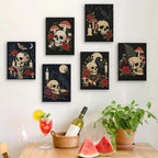 Six finished Gothic Still Life mini paintings hung on a wall above a table