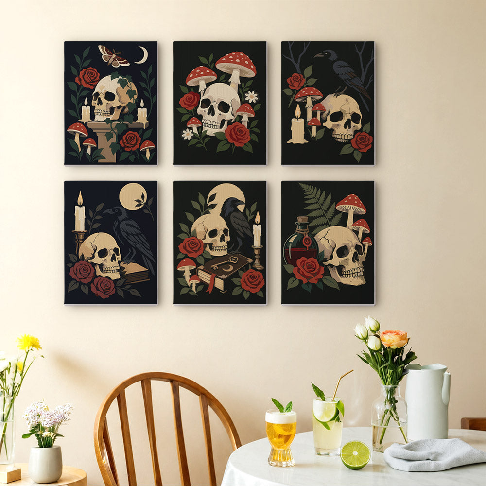 Gothic Still Life mini paintings displayed as a gallery wall in a sunny kitchen