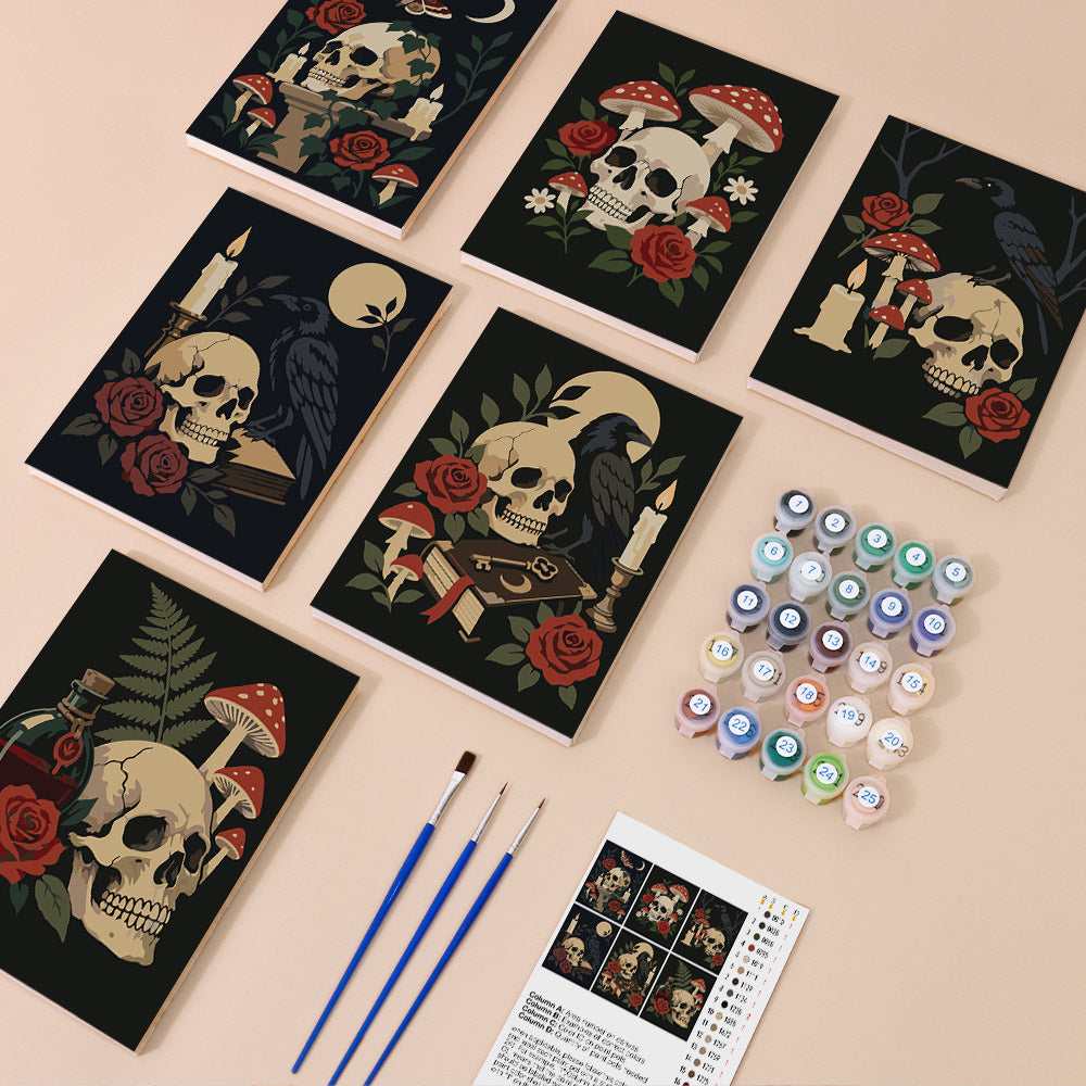 Gothic Still Life mini paint by numbers kit with six numbered canvases, acrylic paints, brushes and layout