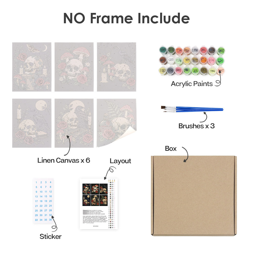 What's included without a frame: six rolled Gothic Still Life mini canvases, acrylic paints, three brushes and layout