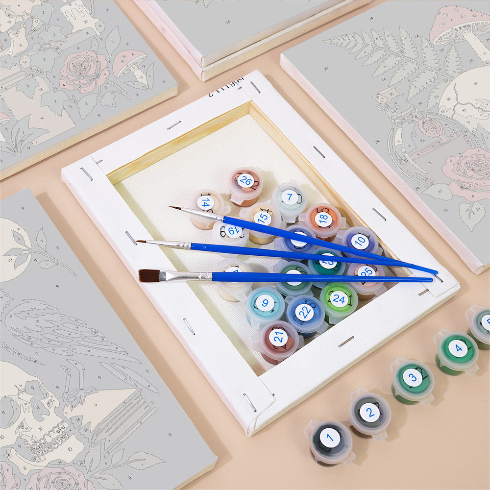 Numbered paint pots and brushes on a pre-stretched Gothic Still Life mini canvas