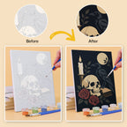 Before and after of a Gothic Still Life mini paint by numbers canvas