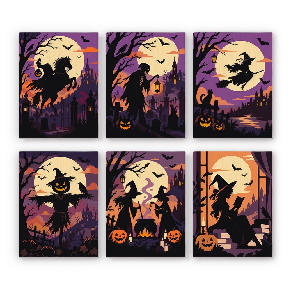 Gothic Twilight Tales mini paint by numbers set: six gothic silhouettes at twilight, including a headless horseman, reaper, flying witch, scarecrow and witches at a cauldron